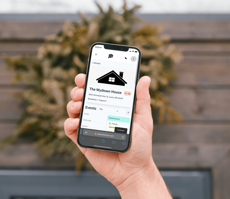 Sobriety Hub Mobile App displaying house management for recovery residences and transitional living homes
