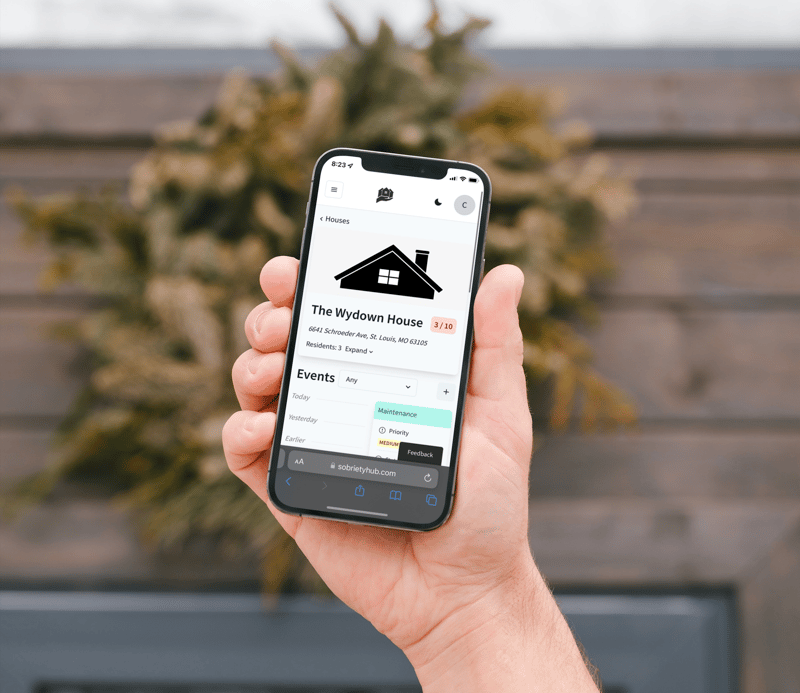 Sobriety Hub Mobile App displaying house management for recovery residences and transitional living homes Sobriety Hub Mobile App displaying house management for recovery residences and transitional living homes