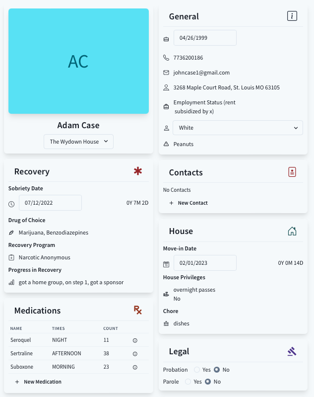 Sobriety Date, House Privileges, Emergency Contacts, Legal Info