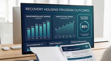 A screenshot of a computer monitor shows a digital dashboard titled 'RECOVERY HOUSING PROGRAM OUTCOMES.' The modern, teal-toned interface features distinct sections, including a bar chart titled 'INCARCERATION COST SAVINGS (IN $1000s)' with values from January to June, and a line graph titled 'LENGTH OF STAY TRENDS (AVERAGE DAYS)' showing a gradual increase from 88 to 105 over the same period. A prominent circular gauge displays '85%' for 'SUCCESSFUL DISCHARGE.' Below these are smaller panels for 'Current Residents: 112' and 'Active Programs: 6.' In the foreground, a document with the header '2026 OUTCOMES SUMMARY' is visible. The scene is lit with natural daylight.