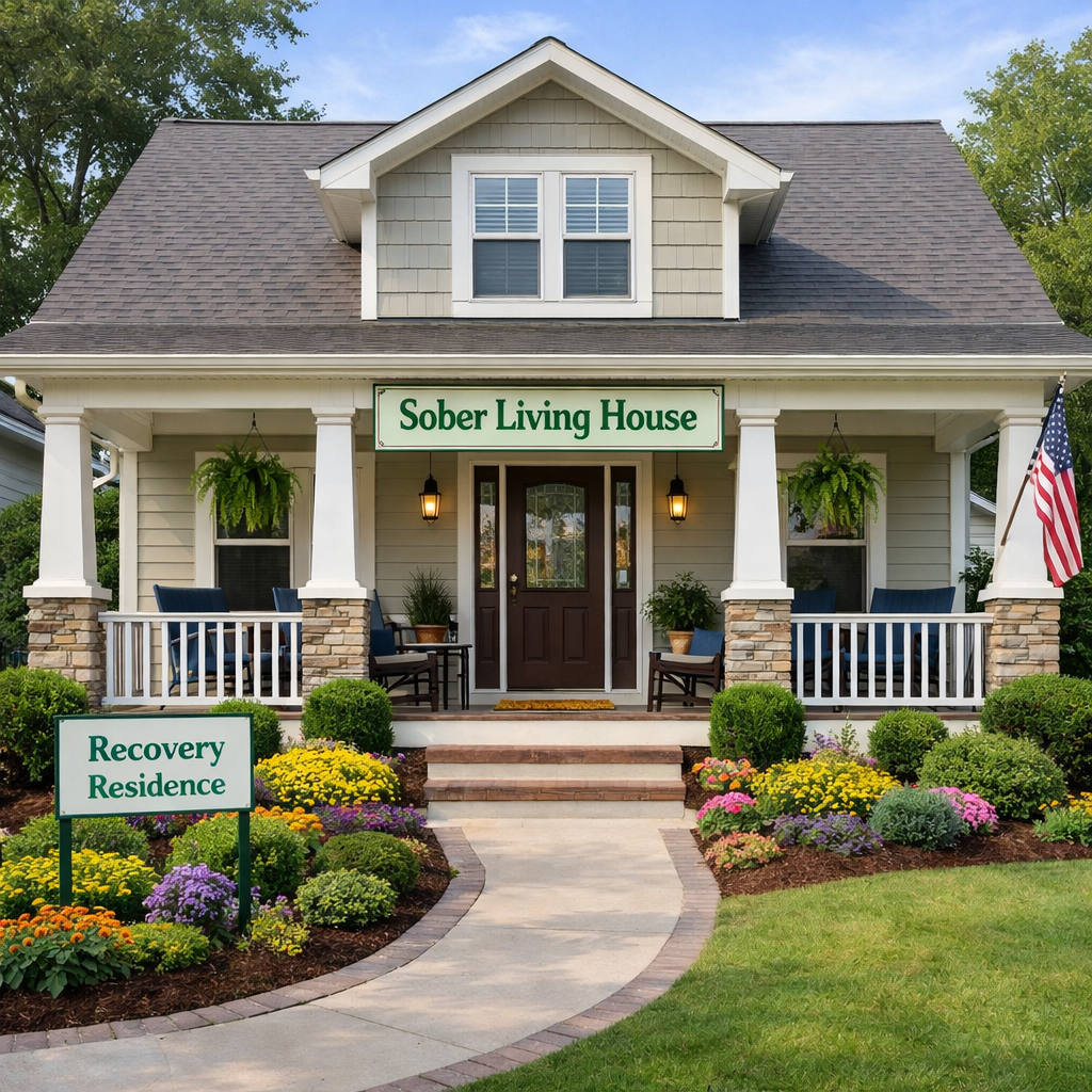 A well-maintained suburban home with a front porch and landscaped yard, representing a typical sober living recovery residence.
