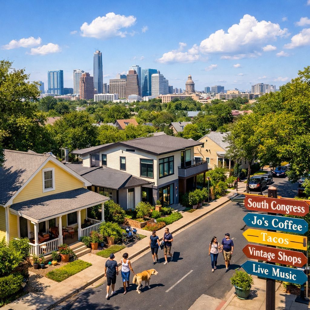 Aerial view of Austin neighborhood with tree-lined streets, single-family homes, and residents walking dogs, showcasing a vibrant and welcoming community.