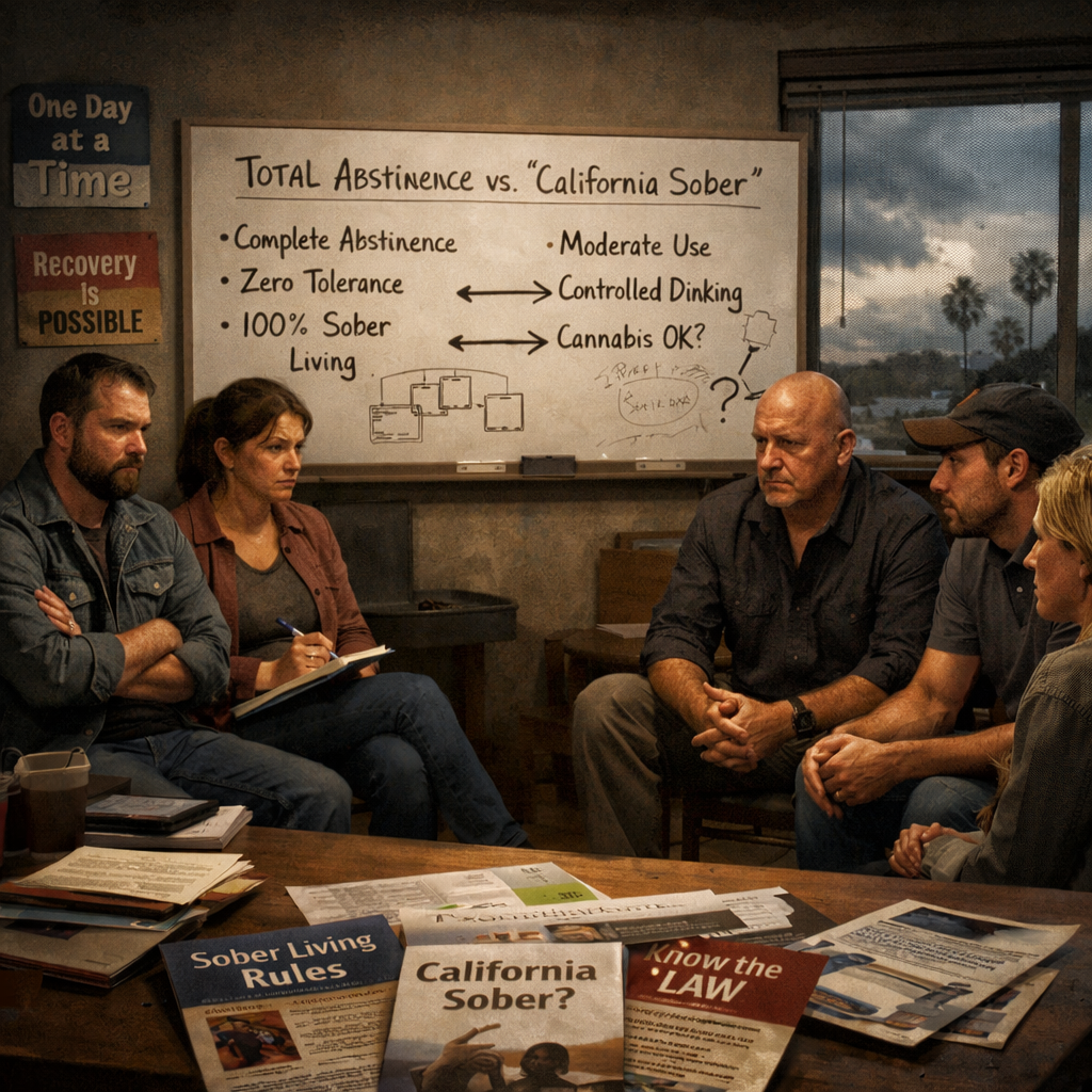 California recovery group discussing the abstinence vs. 'California Sober' debate and legal guidelines.