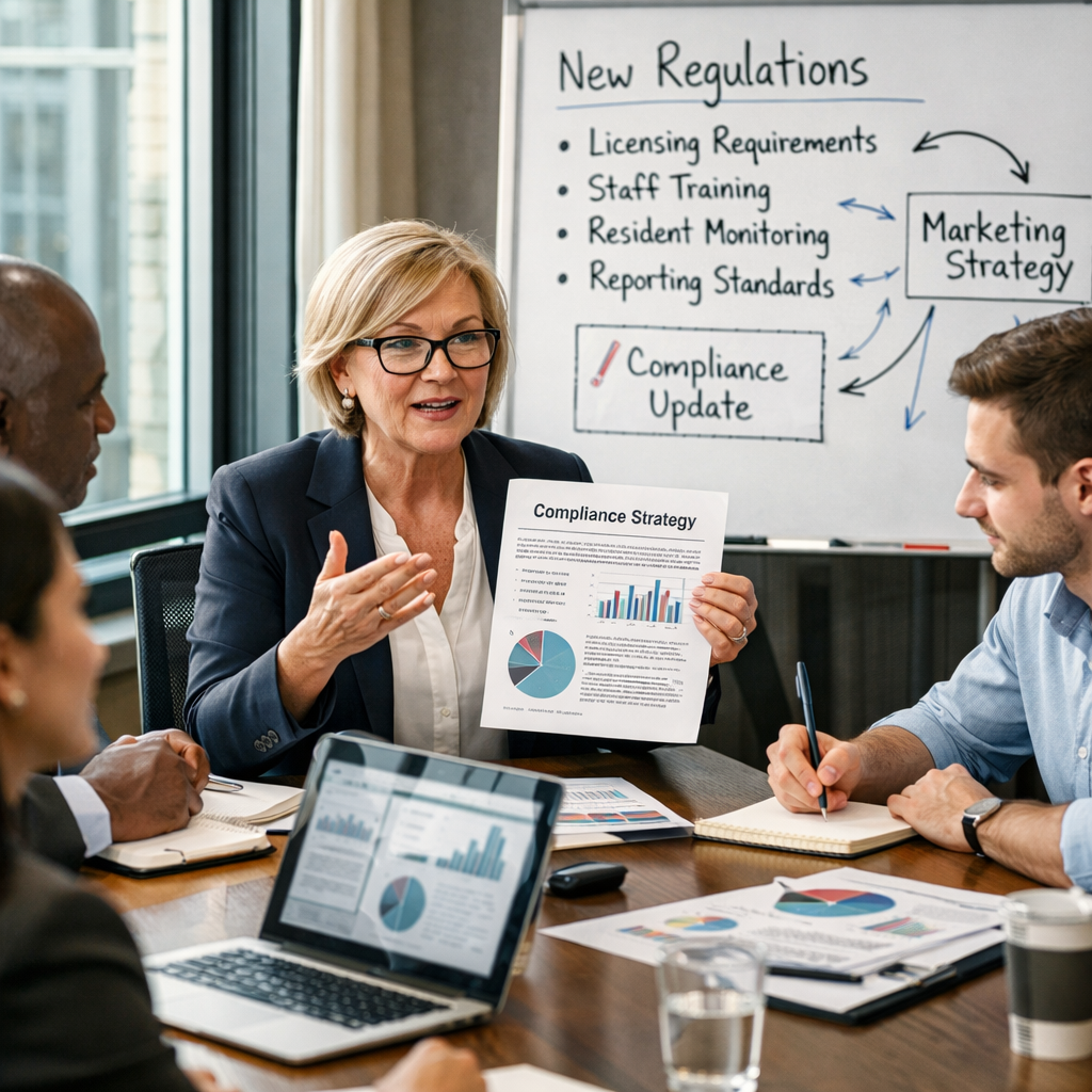 Diverse professionals discussing sober living compliance and marketing strategy in a modern office.