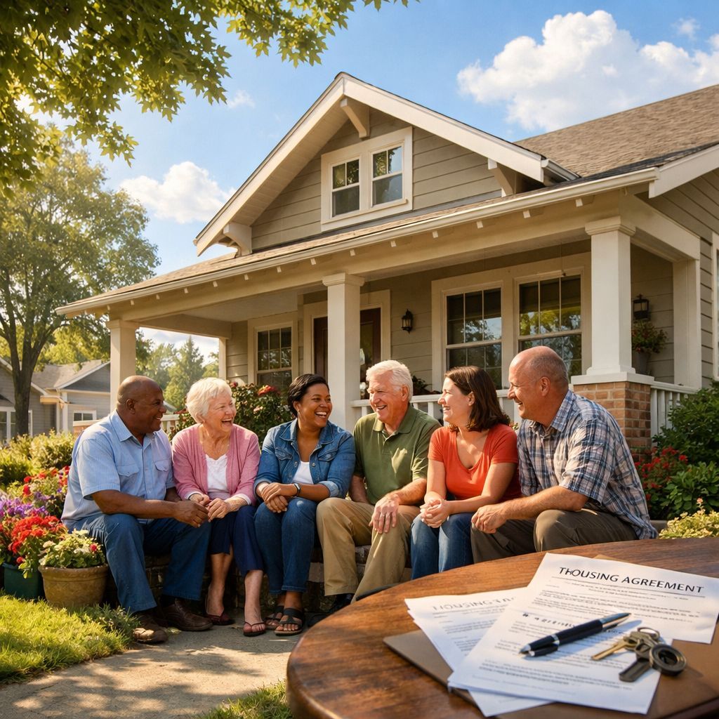 Diverse community gathering on a suburban porch to support fair housing rights.