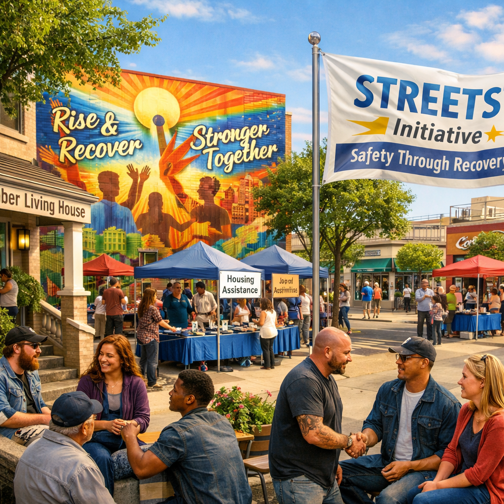 Diverse group supporting community recovery and sober living through the STREETS Initiative.