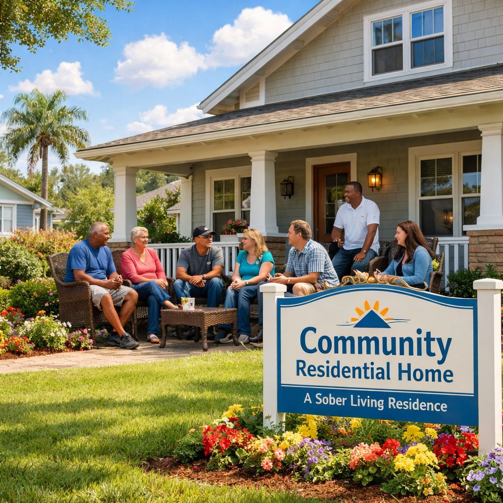 Serene suburban sober living home in Jacksonville, Florida with diverse residents socializing on a welcoming porch, lush lawns, and a supportive community atmosphere.