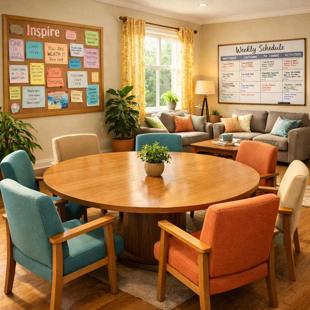Bright communal living space in a sober living home featuring a large table, cozy seating, motivational bulletin board, and weekly meeting calendar