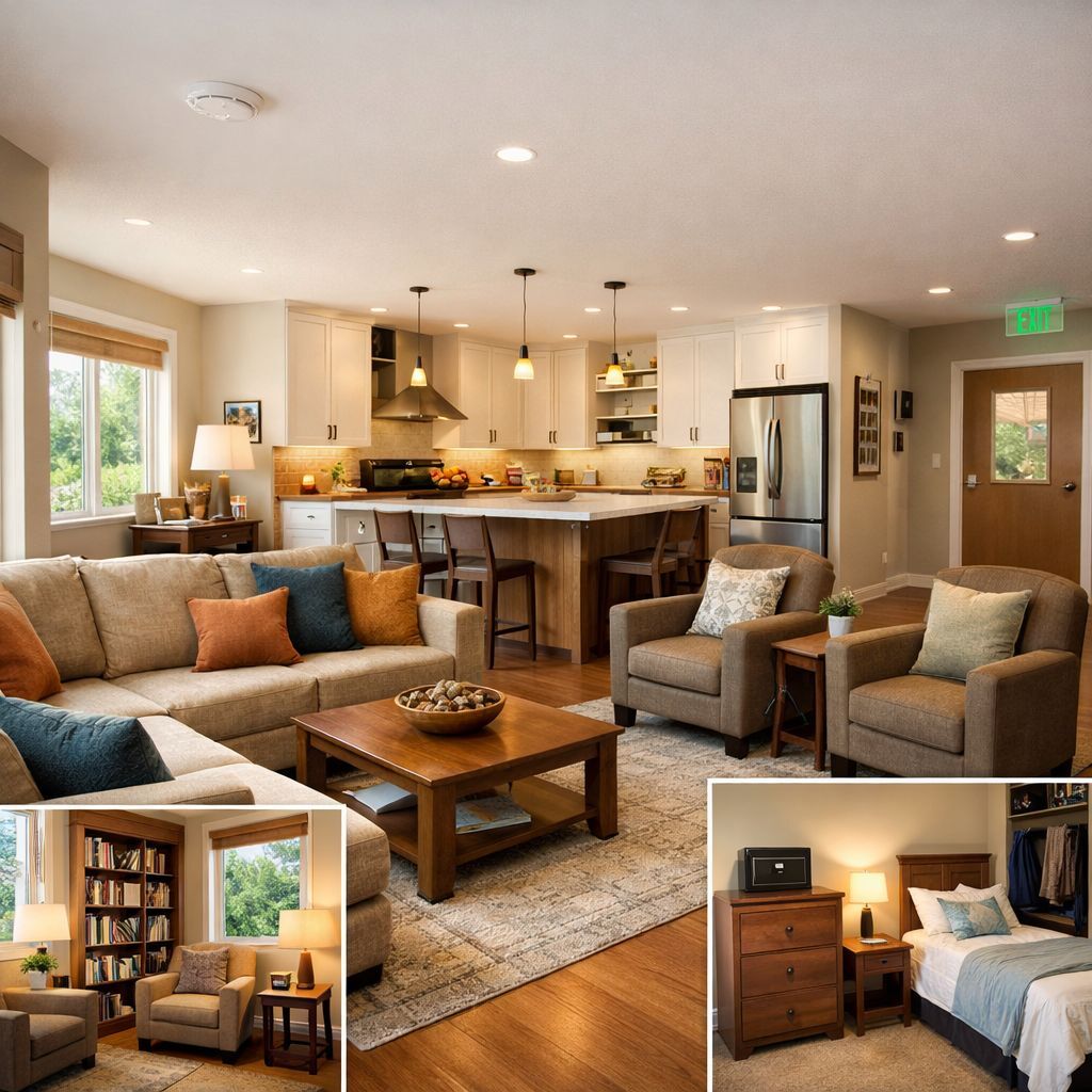 Modern sober living home with open kitchen, cozy living area, natural light, and spaces for community and privacy.