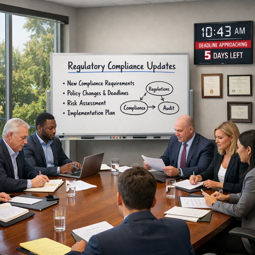 Professional office meeting on compliance and regulatory framework with diverse team collaborating around conference table, whiteboard notes, and laptops in a modern conference room with natural light.