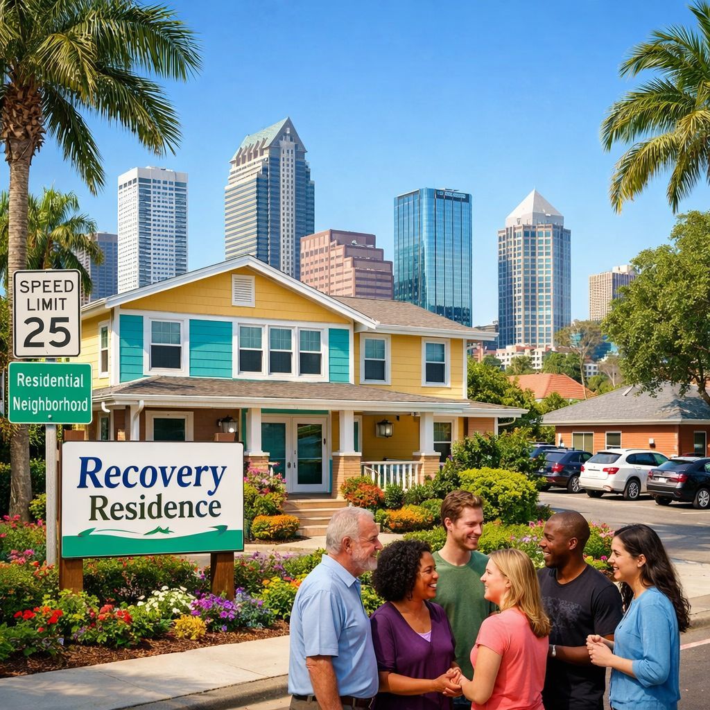Modern sober living recovery residence in Tampa, Florida with diverse residents, palm trees, and downtown skyline, showcasing a supportive and welcoming community environment.