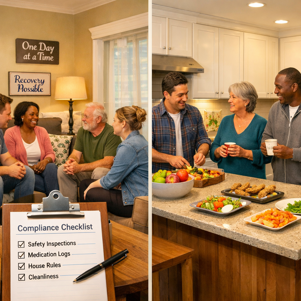 Certified recovery residence exterior and interior communal spaces prepared for compliance inspections.