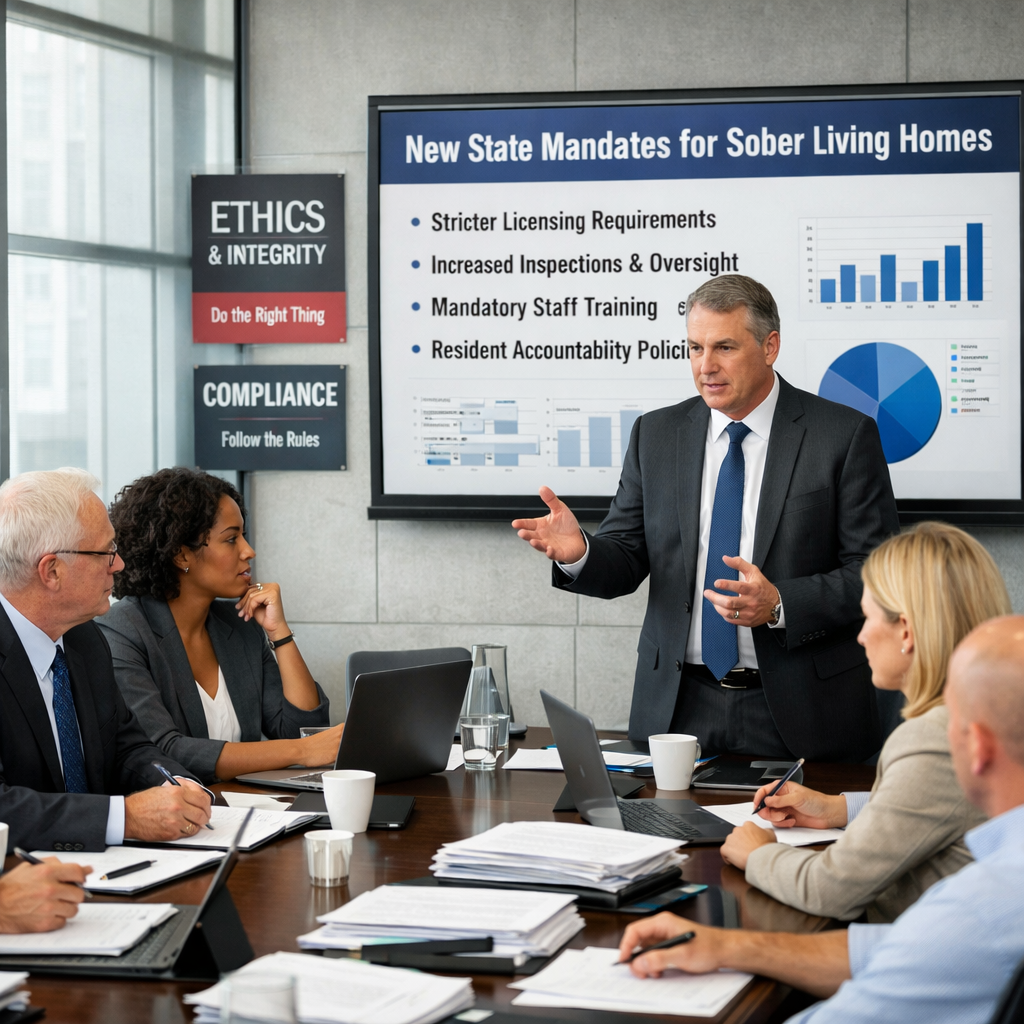Professionals in a modern office discussing new state mandates and compliance in the sober living industry.