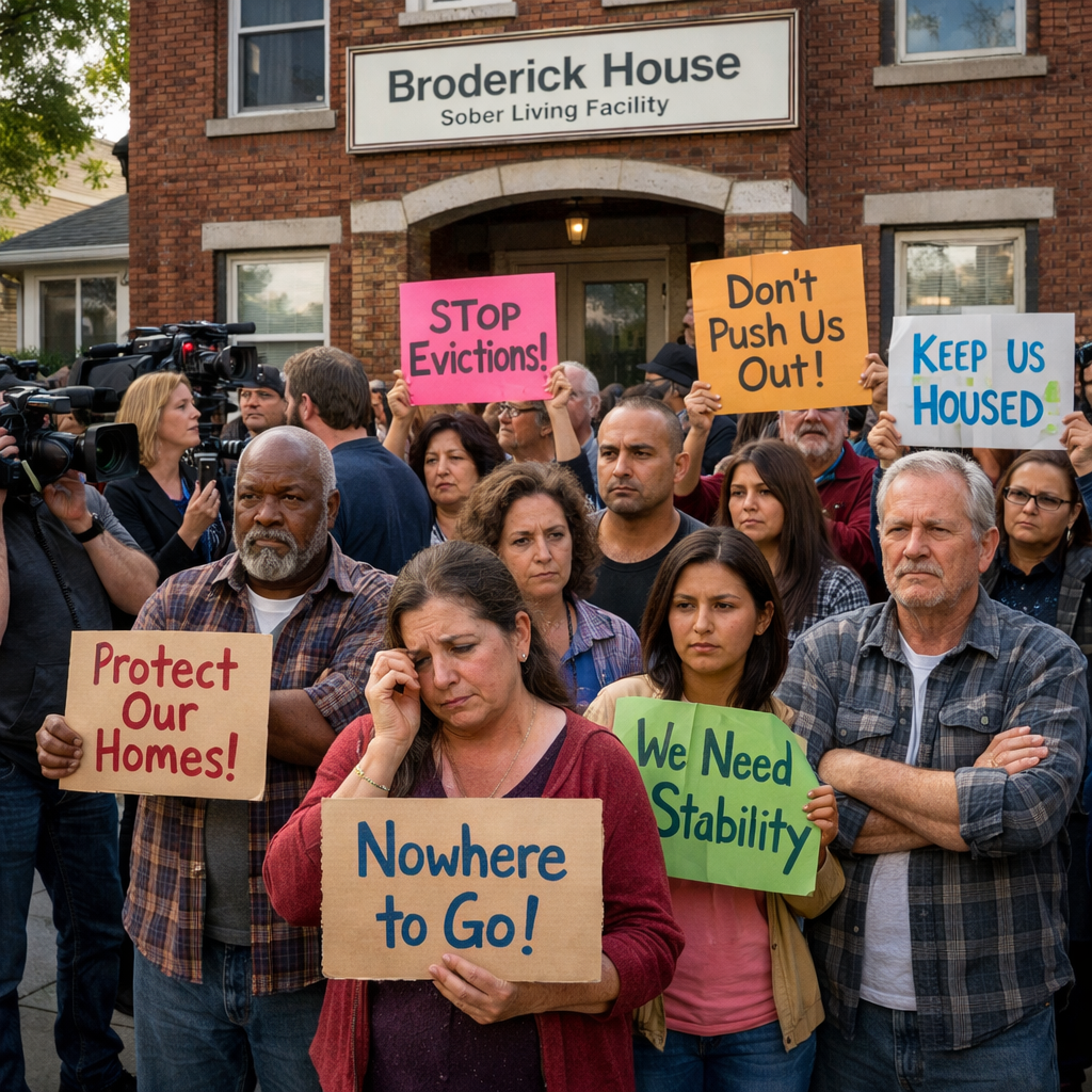 Sober living residents protesting for housing rights and stability outside Broderick House.