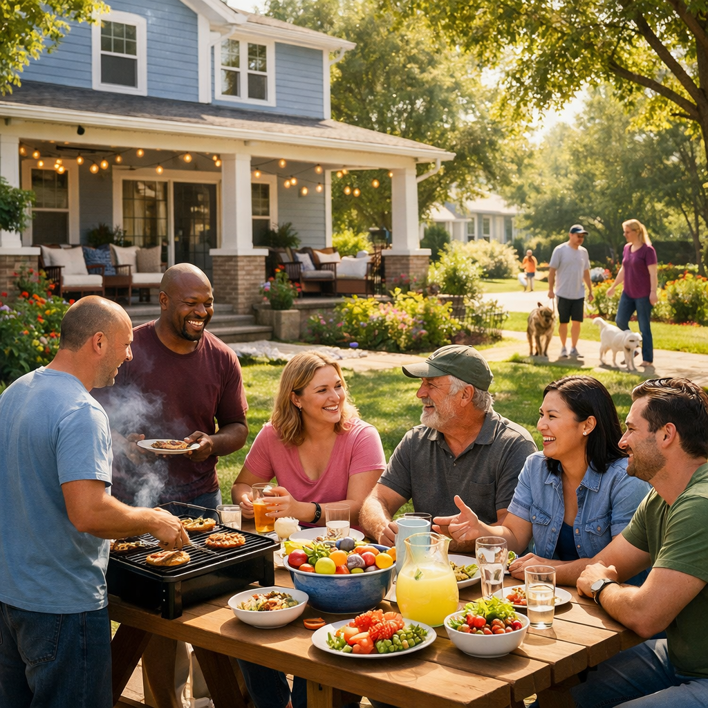 Suburban sober living home with residents engaged in communal backyard activities.