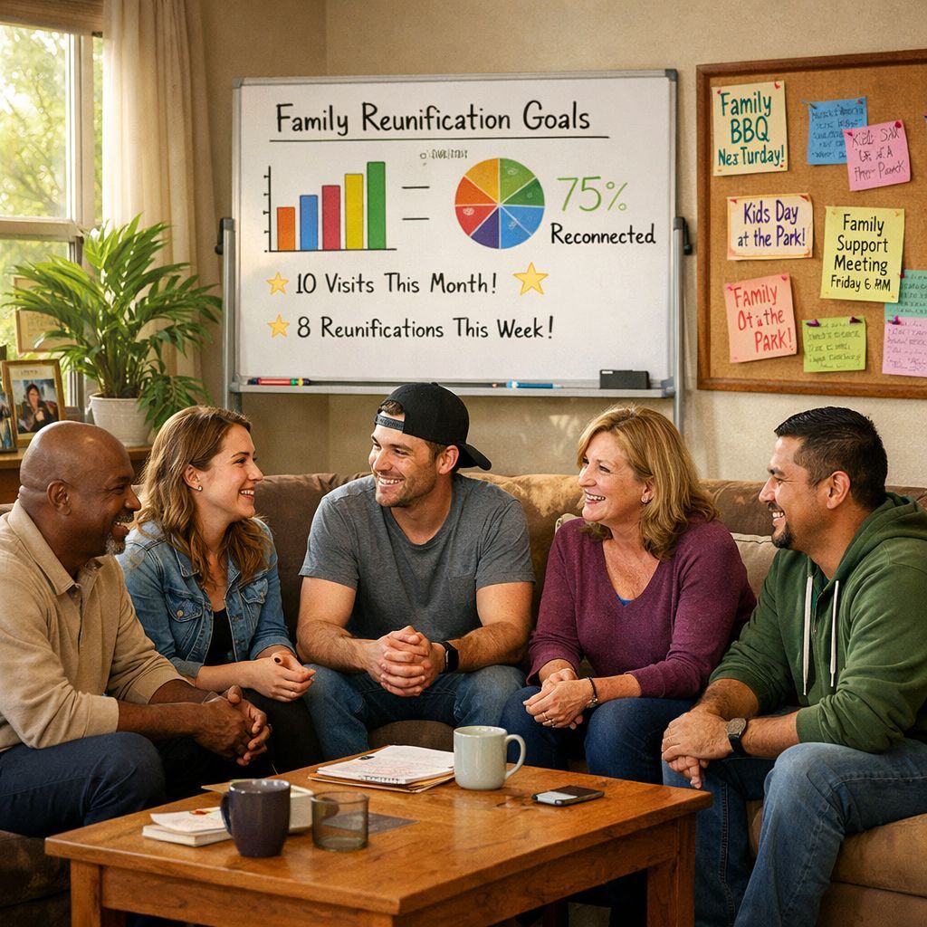 Cozy sober living common area with residents discussing recovery and family reunification metrics.