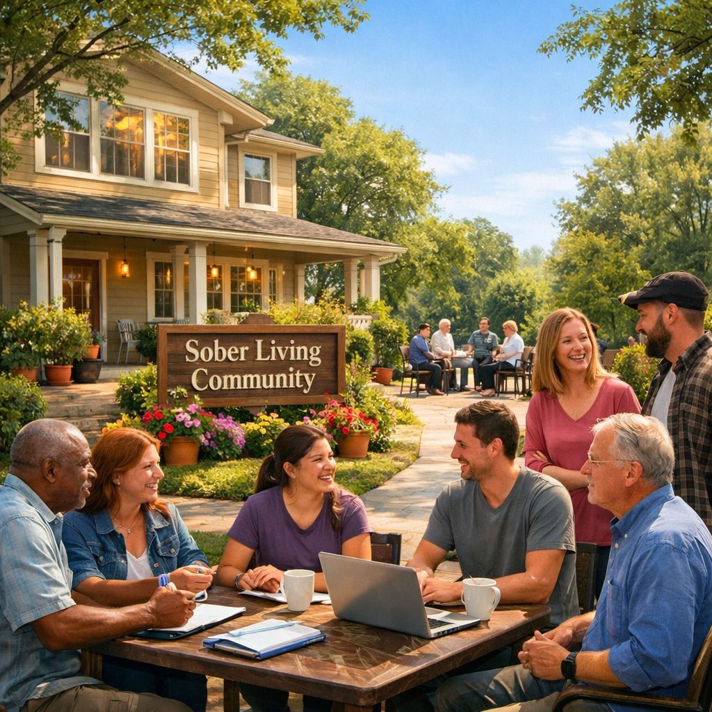 Sunlit recovery residence patio with a diverse group of residents engaging in community activities.