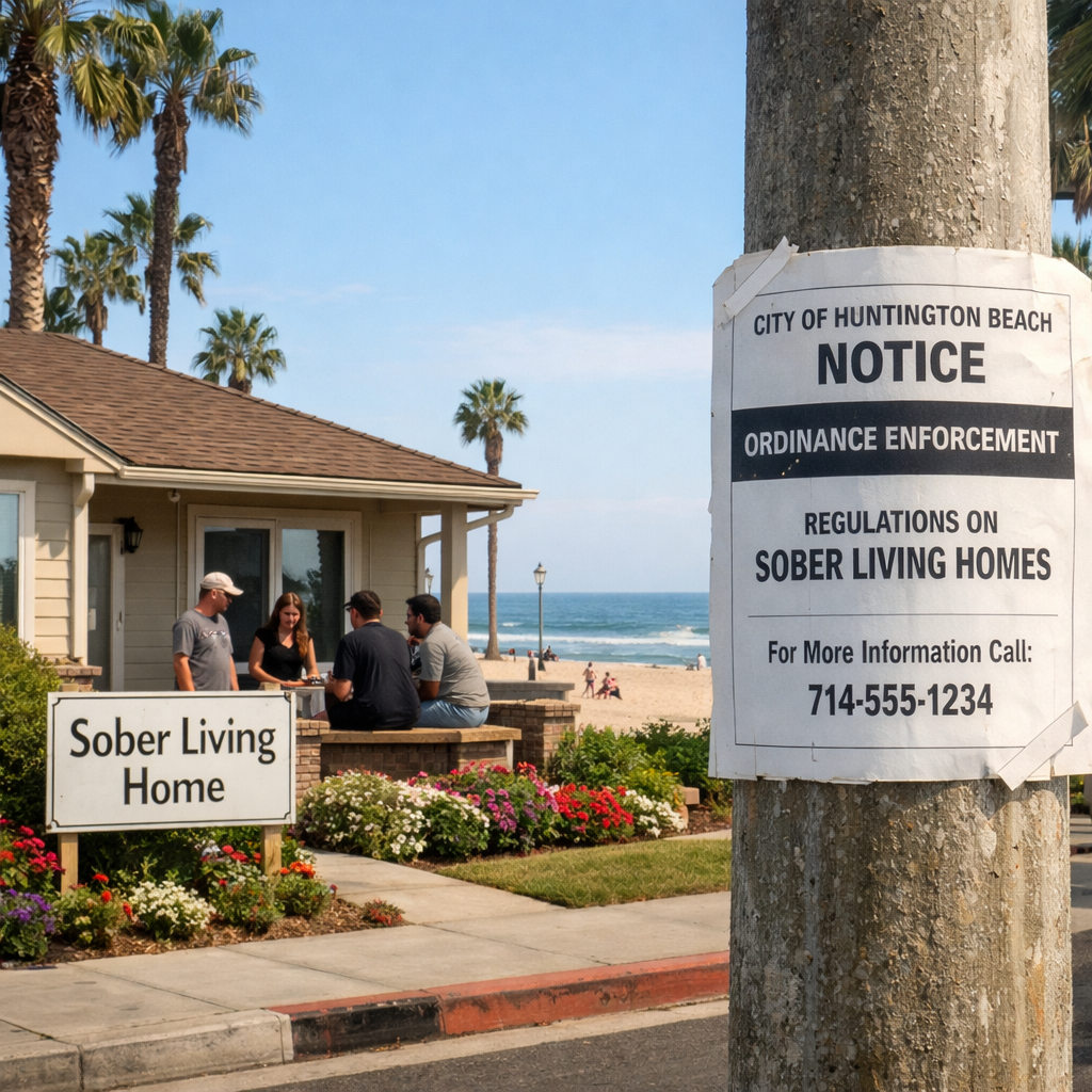 Huntington Beach sober living home with a city ordinance notice and coastal landscape.