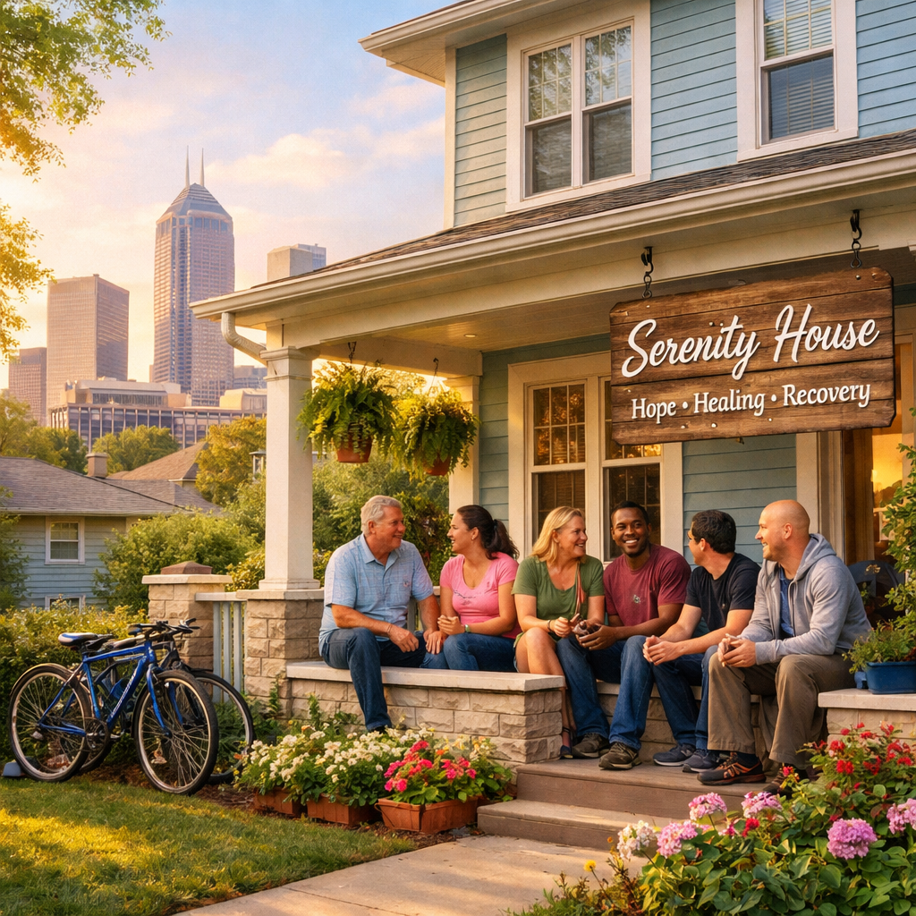 Welcoming two-story sober living house with garden in Indianapolis.
