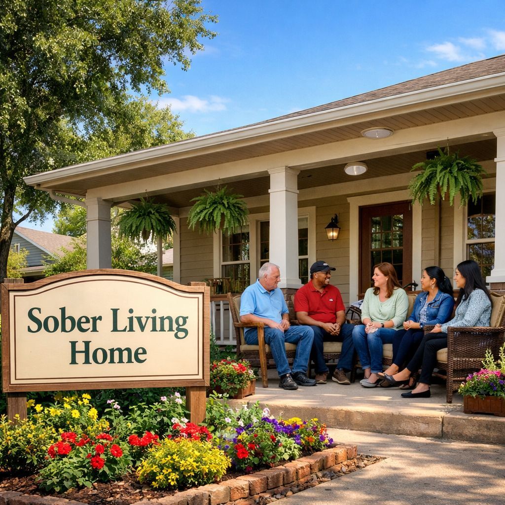 Serene sober living home in San Antonio with welcoming porch, diverse residents, safety features, and lush landscaping, representing a supportive recovery community.