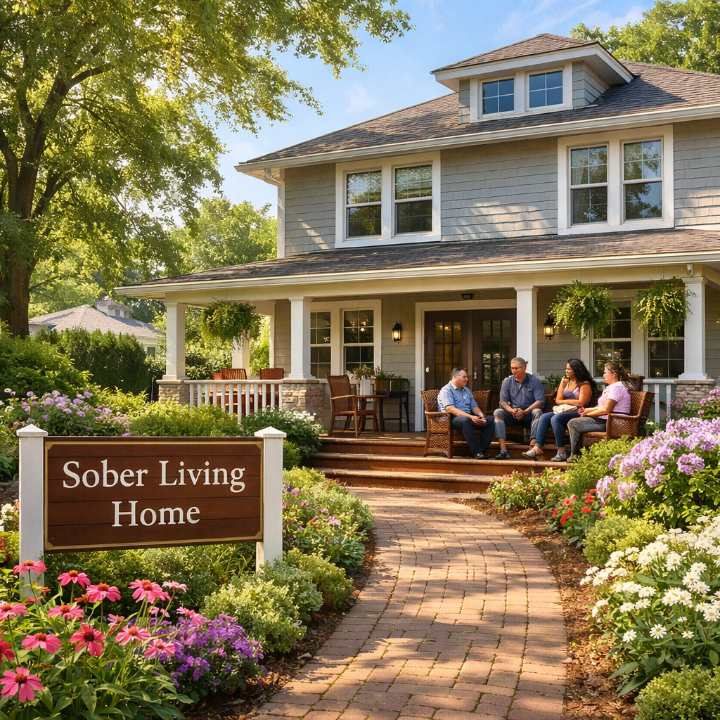 Sober living facility exterior and residents in a tranquil New Jersey neighborhood.