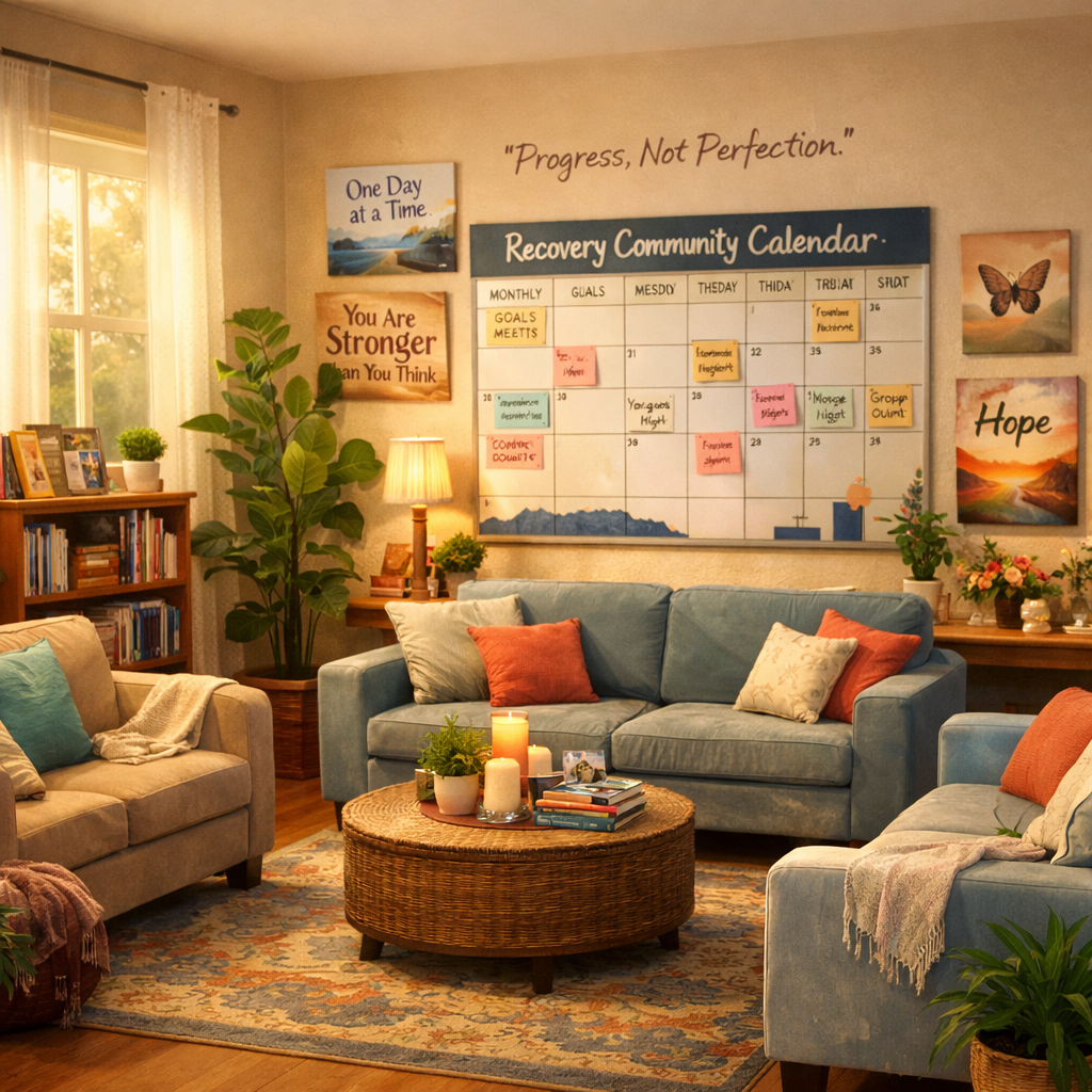 Cozy women’s sober living home with natural light, plants, and shared spaces for recovery and support.