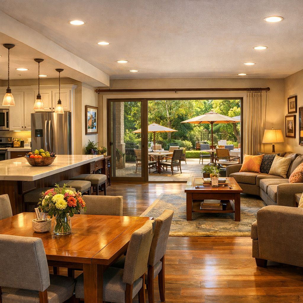 Modern sober living home with warm exterior, front porch seating, and landscaped greenery in a peaceful neighborhood.