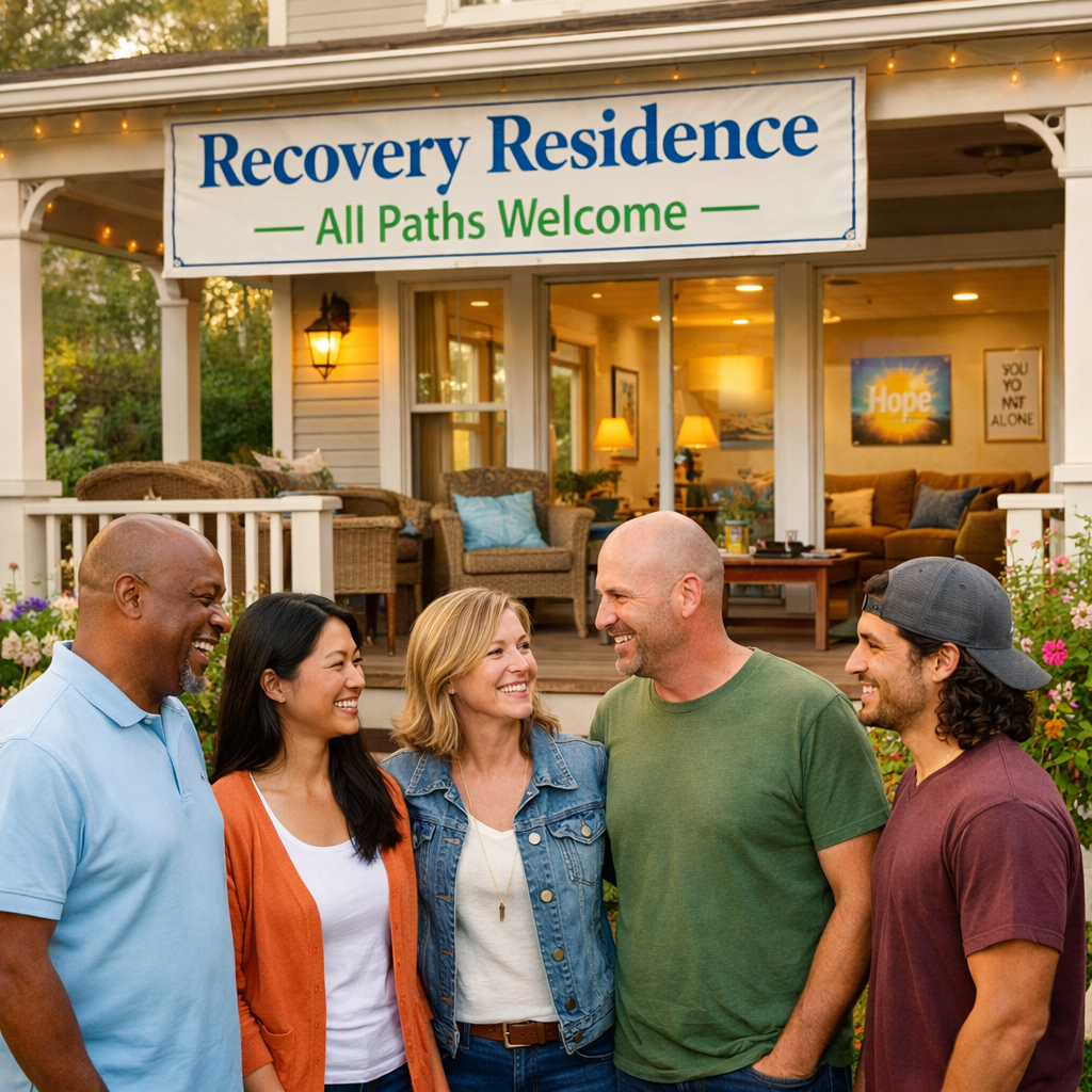 Inclusive sober living house exterior with residents gathered on a welcoming front porch.