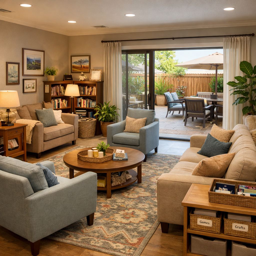 Trauma-informed sober living space with soft lighting, plants, cozy seating, and indoor-outdoor areas for comfort and healing.