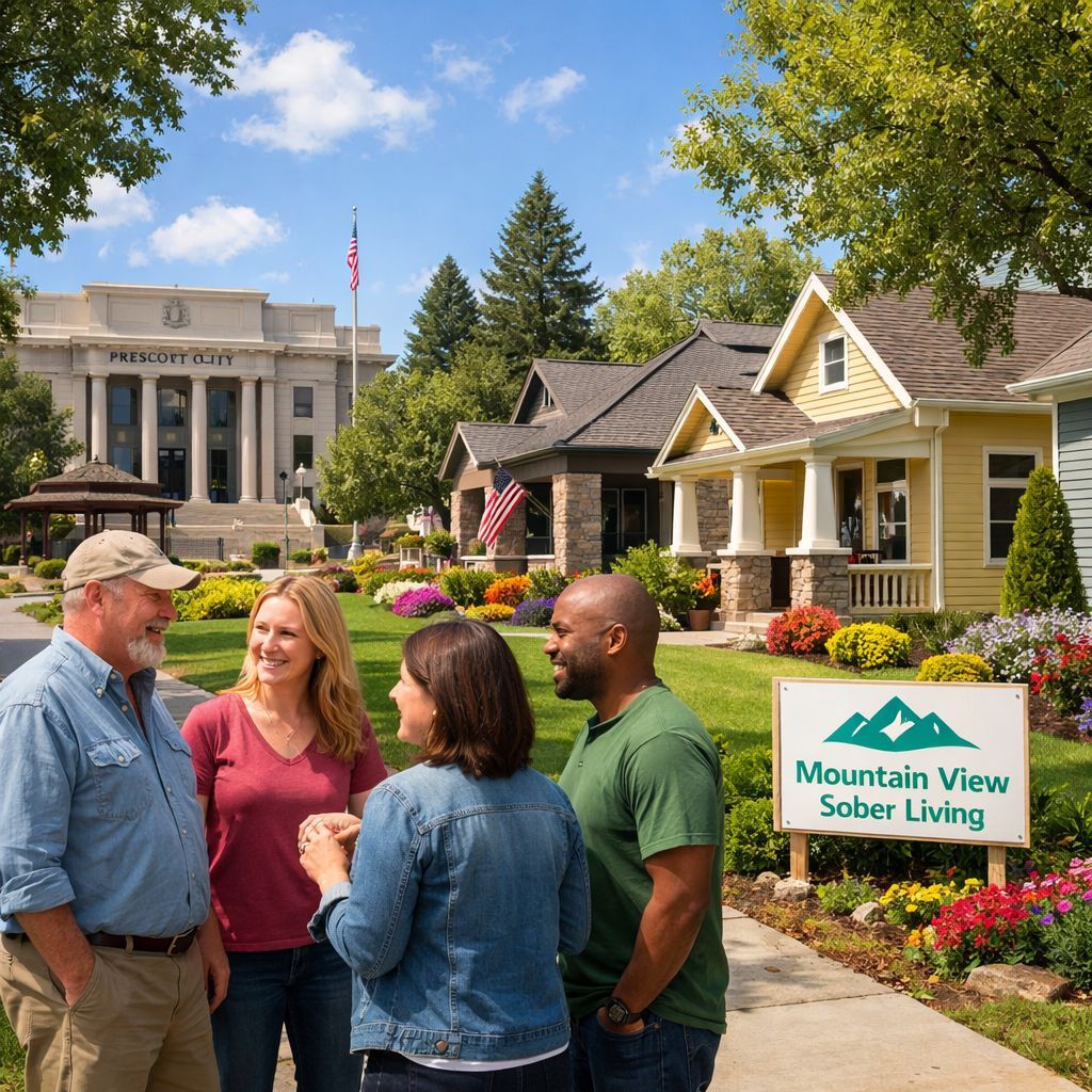 Charming suburban street in Prescott, Arizona, featuring a sober living home and a diverse community group.