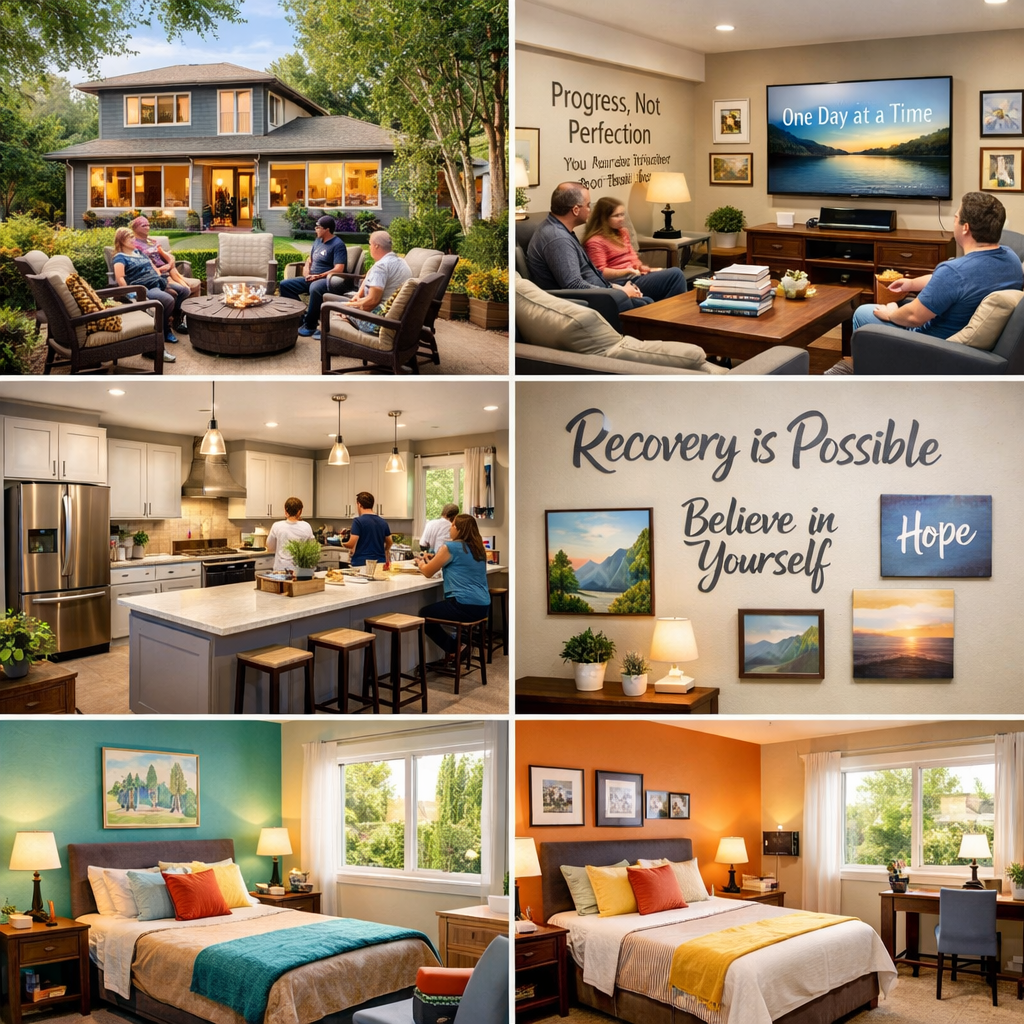 Modern sober living home exterior and interior featuring cozy common areas, open kitchen, recovery literature, and motivational artwork in a serene neighborhood