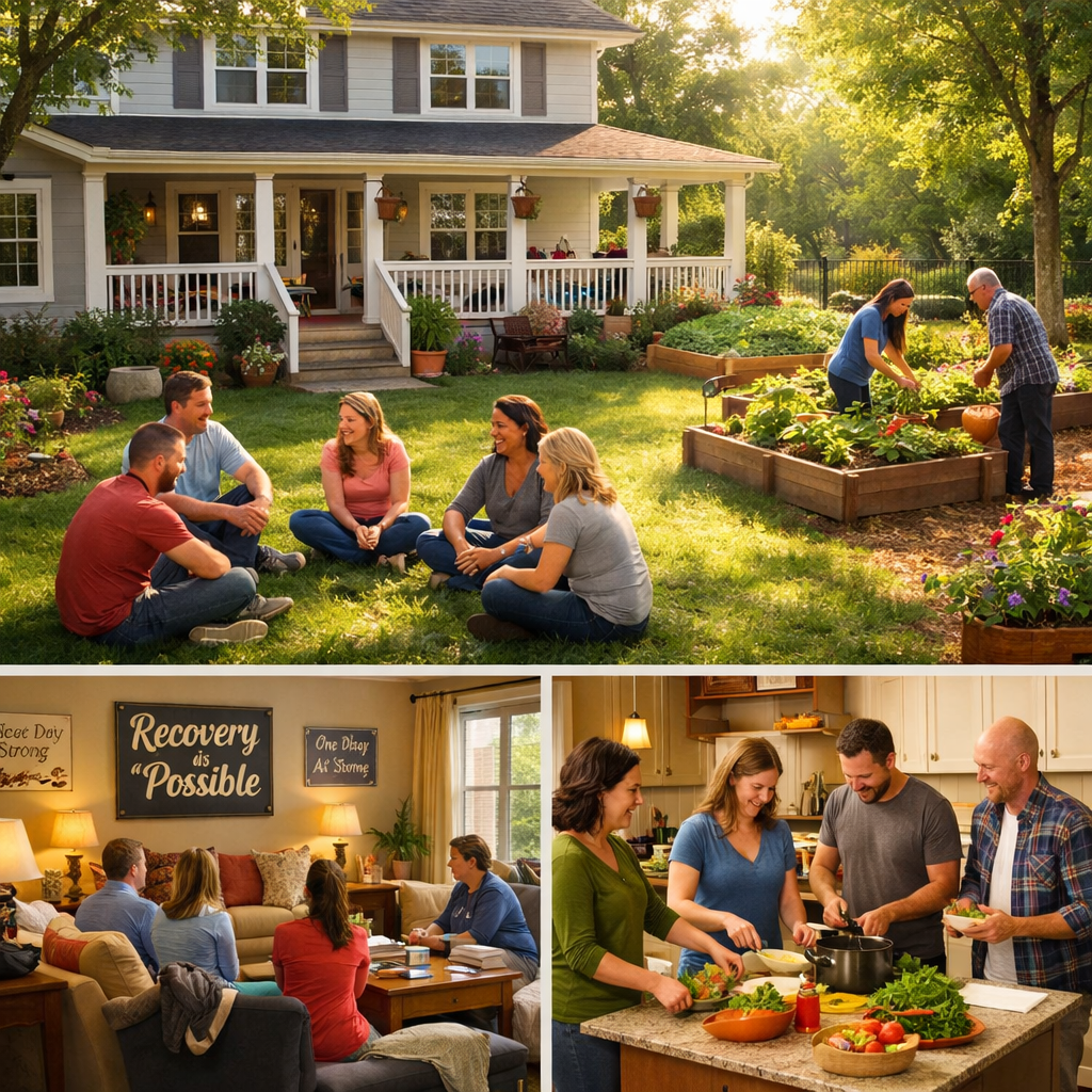 Residents of a sober living home gathered on a porch and in a group session inside a bright, modern recovery house with a welcoming garden