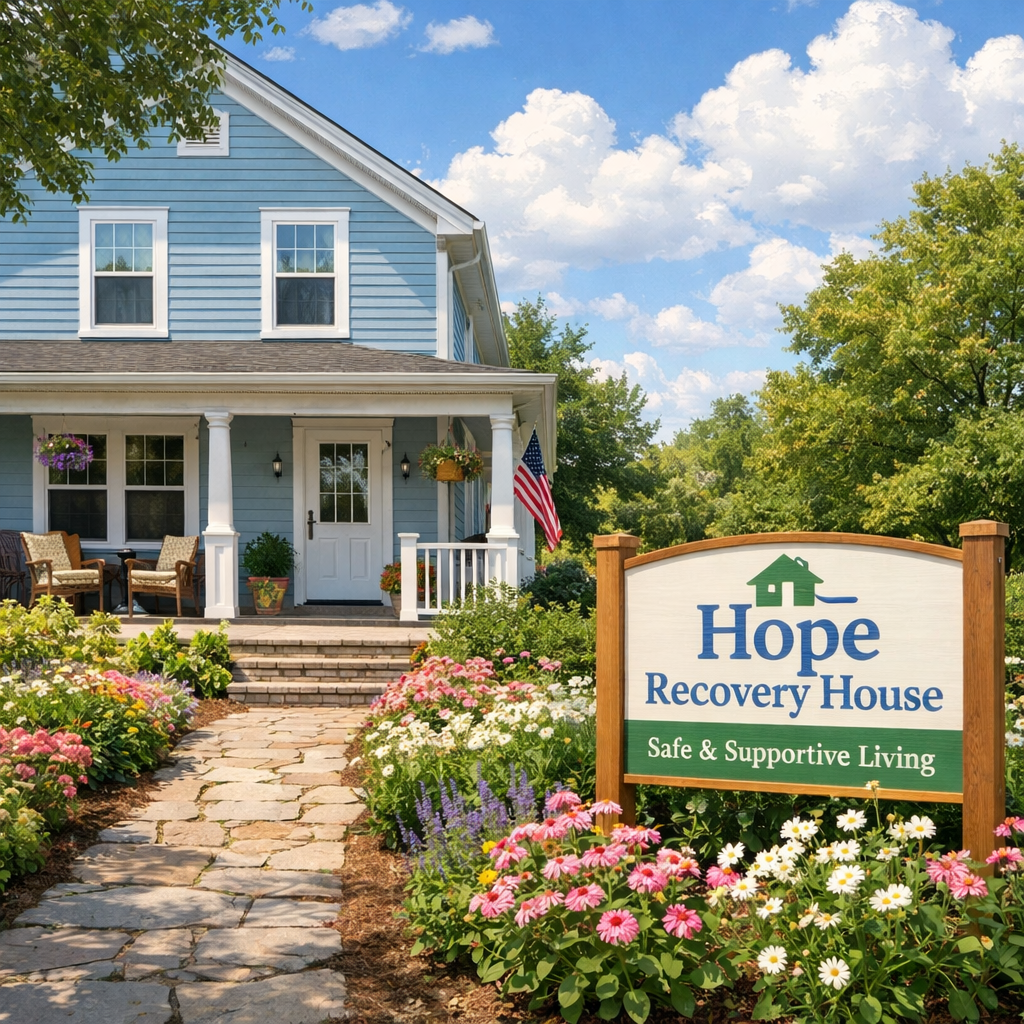 Light blue two-story sober living recovery home with a welcoming front porch, blooming flower pathway, and lush garden in a peaceful neighborhood