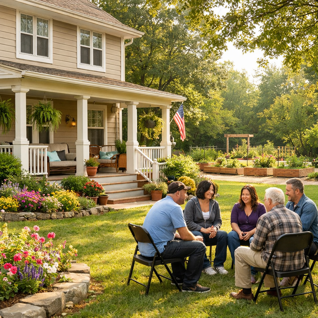 Serene sober living home exterior with welcoming front porch, manicured lawn, and lush garden — a supportive recovery housing environment