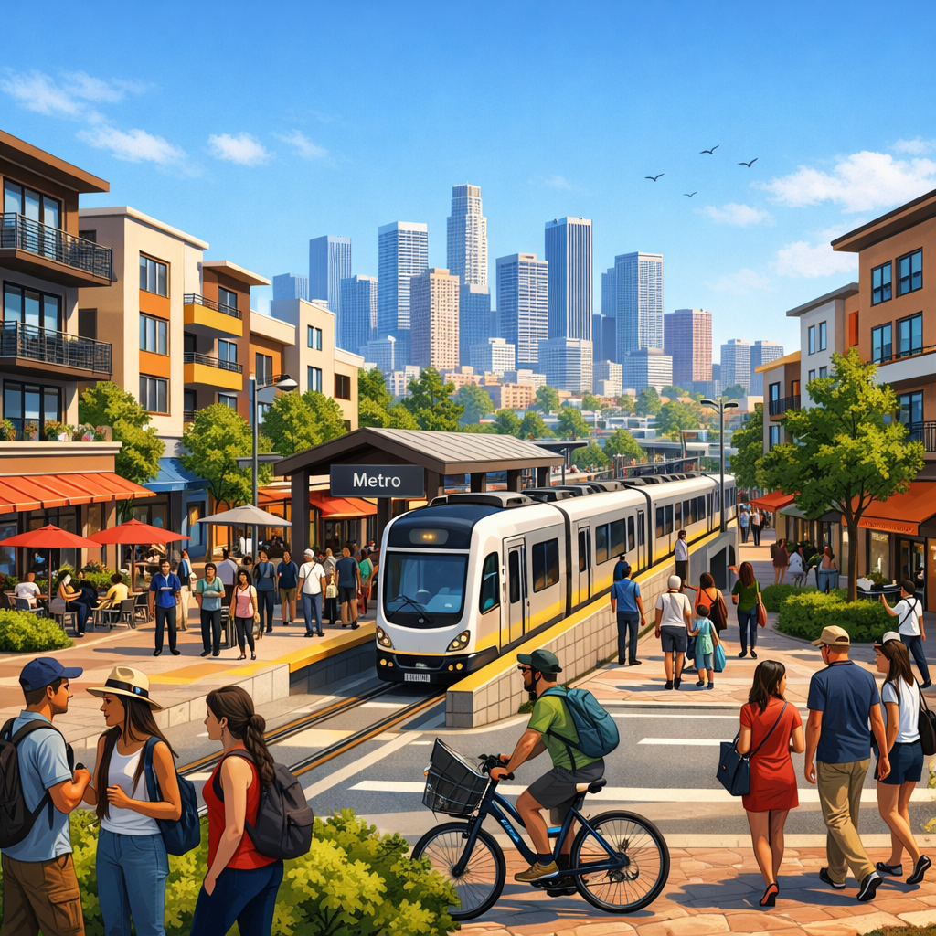 Modern California multi-unit housing near public transit with diverse community members and urban greenery.