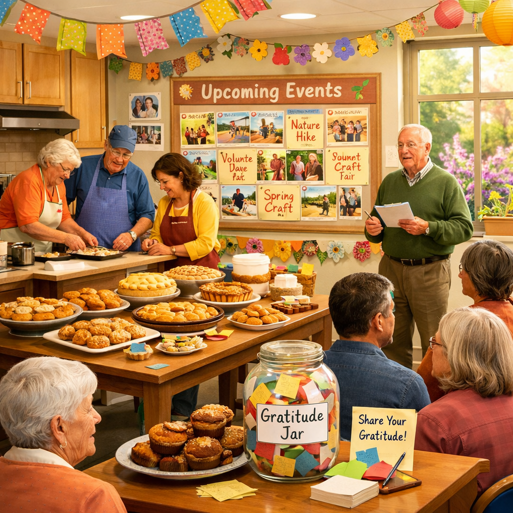 Sunlit sober living community gathering with residents baking, attending a workshop, and sharing activities, featuring seasonal decorations, gratitude jar, and a warm supportive atmosphere.