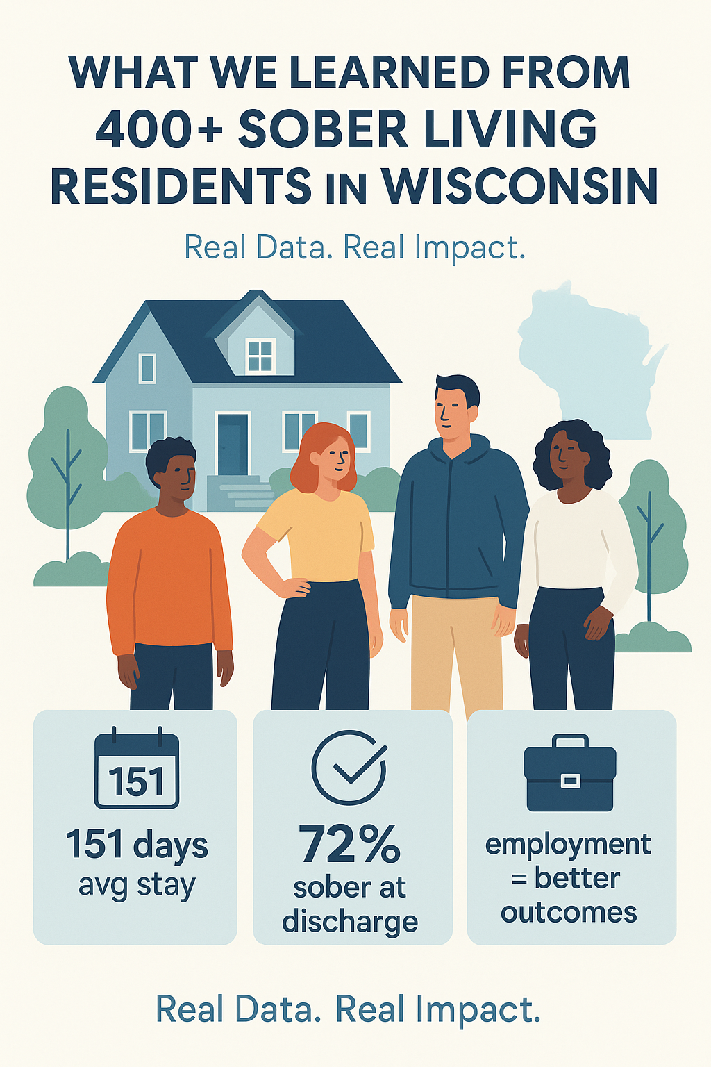 Illustration showing four diverse individuals standing in front of a sober living home with icons below them representing key stats: “151 days avg stay,” “72% sober at discharge,” and “employment = better outcomes.” A light blue Wisconsin state outline appears in the background. Text at the top reads: “What We Learned from 400+ Sober Living Residents in Wisconsin.”