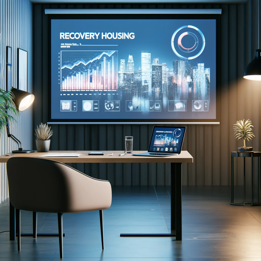 Modern office presentation setup with a sleek desk, stylish laptop displaying a PowerPoint presentation, and a high-quality projector screen showing slides about recovery housing management strategies, 